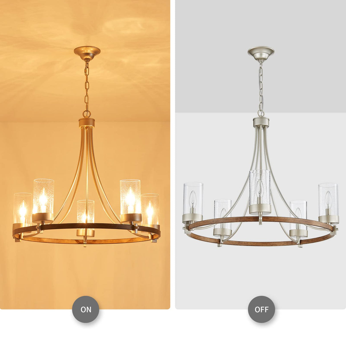 WUZUPS 5-Light Wagon Wheel Chandelier Rustic Farmhouse Industrial Round Pendant Light Fixture with Clear Seeded Glass Shades for Dining Room Kitchen Island, Imitation Wood Grain Nickel WUZUPS