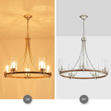 WUZUPS 5-Light Wagon Wheel Chandelier Rustic Farmhouse Industrial Round Pendant Light Fixture with Clear Seeded Glass Shades for Dining Room Kitchen Island, Imitation Wood Grain Nickel WUZUPS