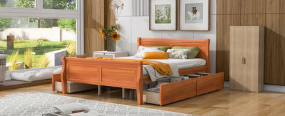 TURRIDU Queen Size Oak Bed Frame, Classic Platform Bed with Four Storage Drawers and Solid Wood Frame, Storage Bed with Streamlined Headboard for