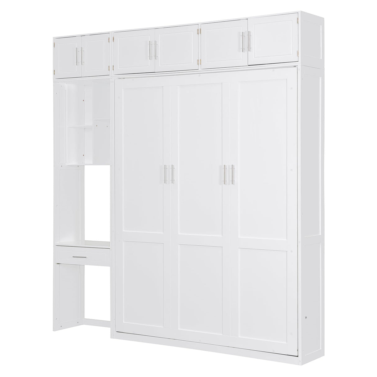 P PURLOVE Wood Queen Murphy Bed with Desk, Modern Wall Bed with Top Cabinet and Storage Shelves, Space Saving, No Box Spring Needed (White) P PURLOVE
