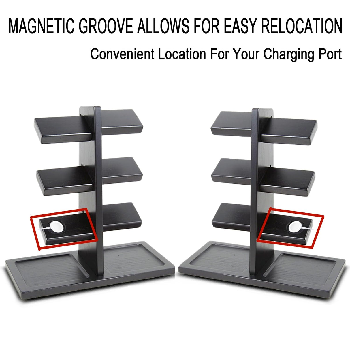 Xnwouco Watch Stand for Men, Watch Display Stand with Charger Groove, Wooden Watch Holder Stand, Jewelry Holder Organizer for Rings, Jewelry, Coins Bracelets, Great Gifts for Men Women, Black Xnwouco