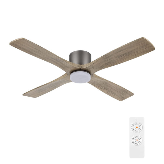 WINGBO 48 Inch Flush Mount DC Ceiling Fan with Lights and Remote, 4 Reversible Carved Wood Blades, 6-Speed Noiseless DC Motor, Hugger Ceiling Fan in Graphite Finish with Gray Blades, ETL Listed