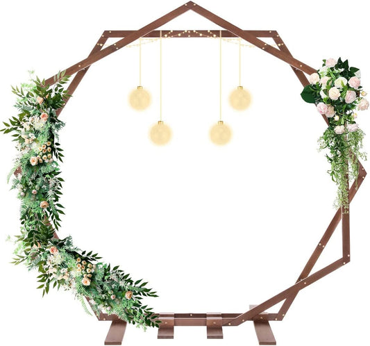 Wooden Wedding Arch, 7.5FT Wedding Arbor, Heptagon and Hexagon Wood Arch for Wedding Ceremony, Wood Backdrop Stand for Garden Wedding, Birthday Party, Indoor and Outdoor, Rustic and Boho Style