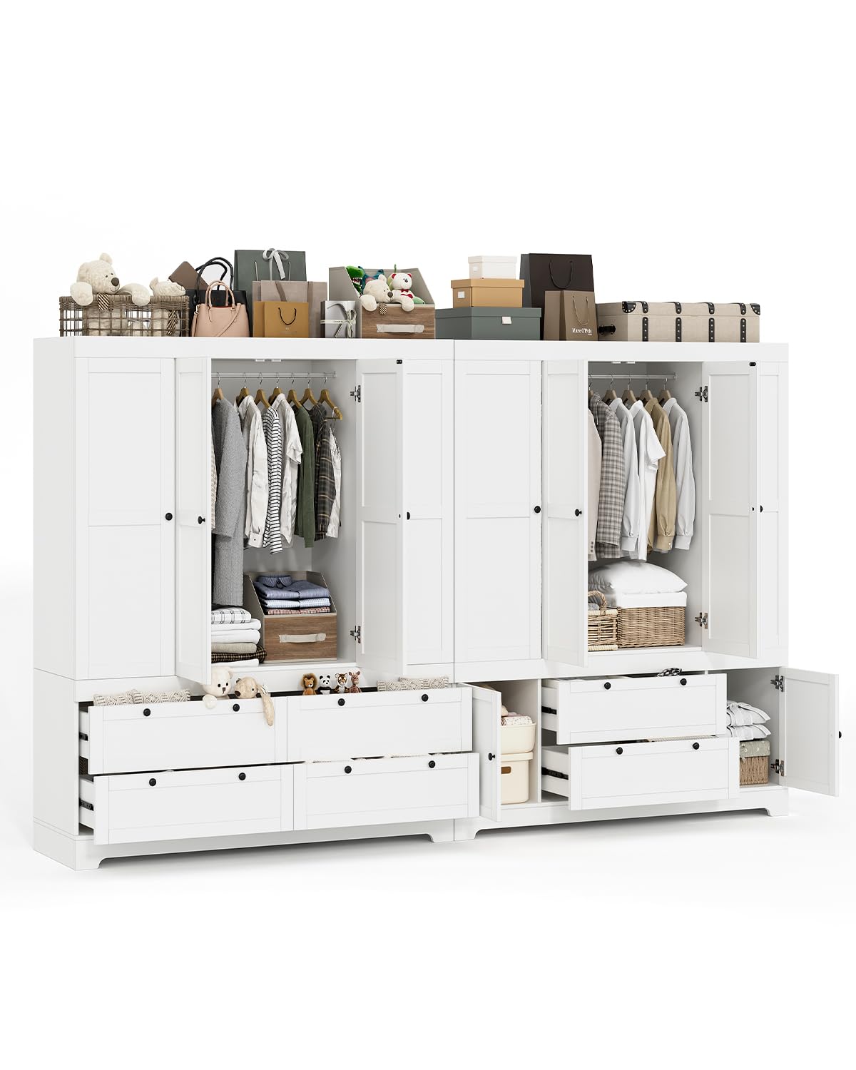 8 Door Large Wardrobe Closet 71" Tall White Wooden Freestanding Storage Armoire – Oversize Capacity Modular Cabinet with Drawers, Space-Saving Durable Design for Bedroom & Closet Organization Buenhomino