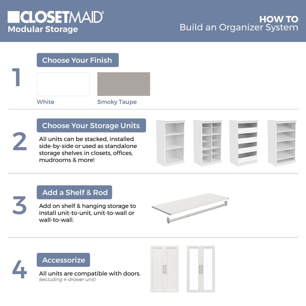 ClosetMaid Modular Storage Unit with 4 Drawers, Wood Closet Organizer, Stacking, Full Backer, Storage, Decorative Trim, White ClosetMaid