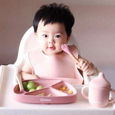 Ginbear Silicone Baby Spoon and Fork Set Self-feeding, Baby Flatware Sets, Toddler Feeding Utensils for Child 6 Months+ (Hazy Green/Almond) Ginbear
