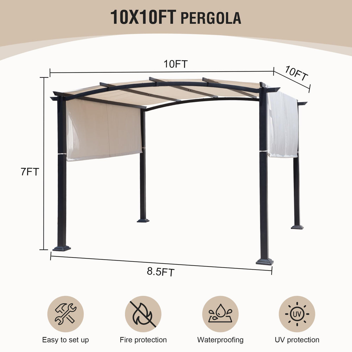 Yardsight 10' X 10' Outdoor Pergola, Patio Pergola with Retractable Canopy, Metal Top Pergola for Deck, Party, Backyard, Porch, Beach (Arched Top) Yardsight