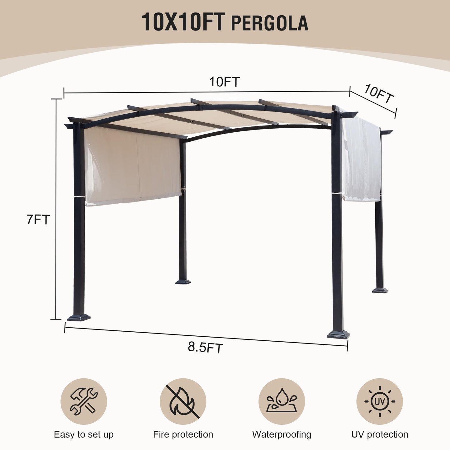 Yardsight 10' X 10' Outdoor Pergola, Patio Pergola with Retractable Canopy, Metal Top Pergola for Deck, Party, Backyard, Porch, Beach (Arched Top)