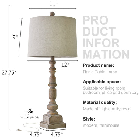 Oneach 27.75" Vintage Farmhouse USB Table Lamps Set of 2 for Living Room Bedroom Traditional Bedside Nightstand Lamp with Dual USB Port Resin Table Lamp with Rotary Switch for Living Room Bedroom Oneach