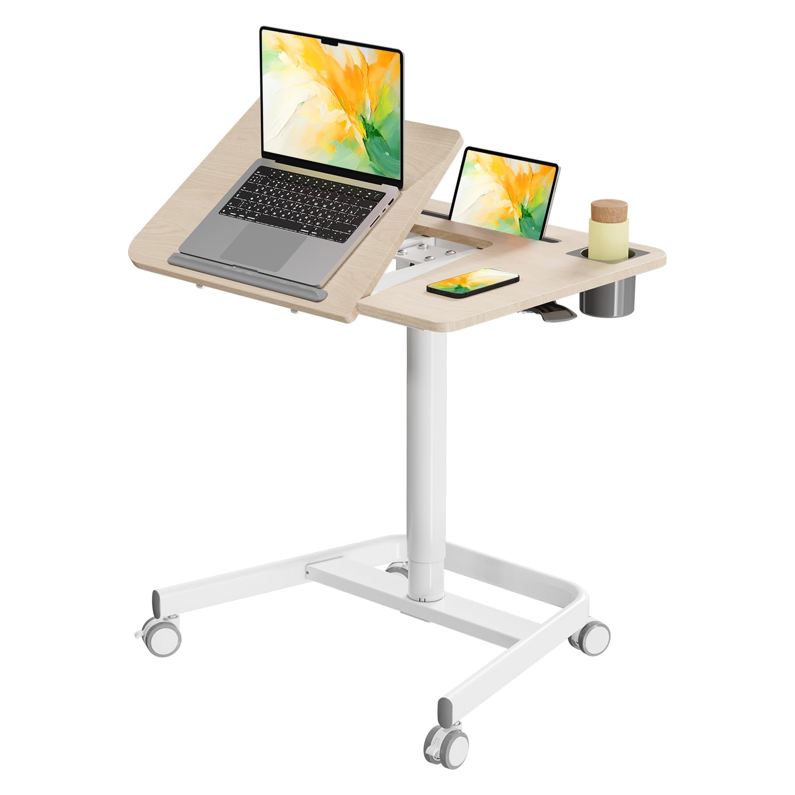 JOY worker Mobile Standing Desk, Pneumatic Height Adjustable Table, 60° Tiltable Rolling Laptop Desk, Portable Sit Stand Desk with Wheels Cup Holder - WoodArtSupply