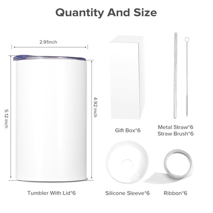 FASTSUB Sublimation Tumbler 12 oz Blanks Bulk Cups Stainless Steel Double Wall Vacuum Insulated with Lid and Straw Nozzle Silicone Cover Gifts for Heat Press Transfer White 6 Pack