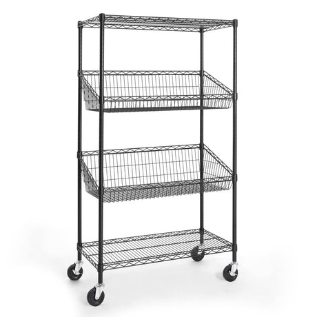 CAPHAUS NSF Commercial Heavy Duty 4 Tier Wire Shelving w/Two Trapezoid Baskets, Wheels, Leveling Feet, Storage Metal Shelf, Basement Garage Shelving Storage, Utility Wire Rack Storage Shelving Black CAPHAUS