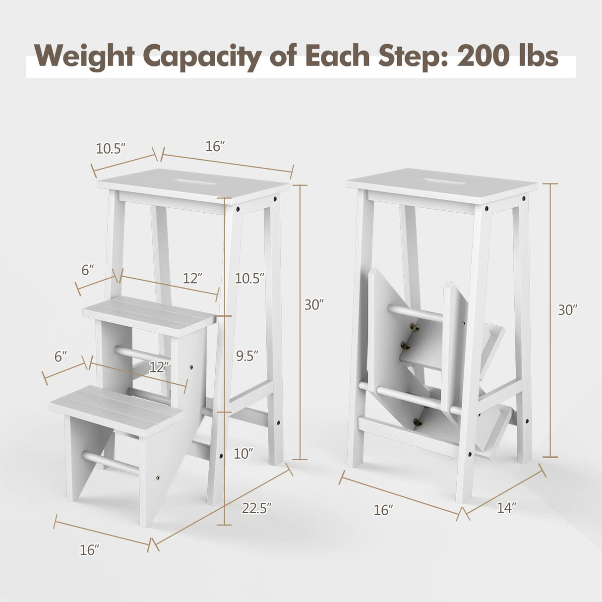 Giantex 3 Tier Folding Step Ladder, Multifunction 3-in-1 Wood Step Stool, Display Ladder and Storage Shelf for Library, Home Kitchen, Household Work, White Giantex