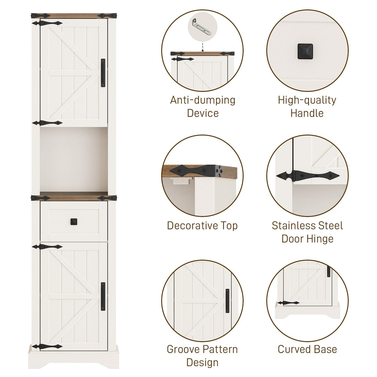 66" Tall Farmhouse Bathroom Storage Cabinet with Barn Doors and Drawer, Narrow Storage Unit, Adjustable Shelves & 5-Tier Storage Space, Freestanding Cabinet for Bathroom, Living Room, Kitchen Vabches