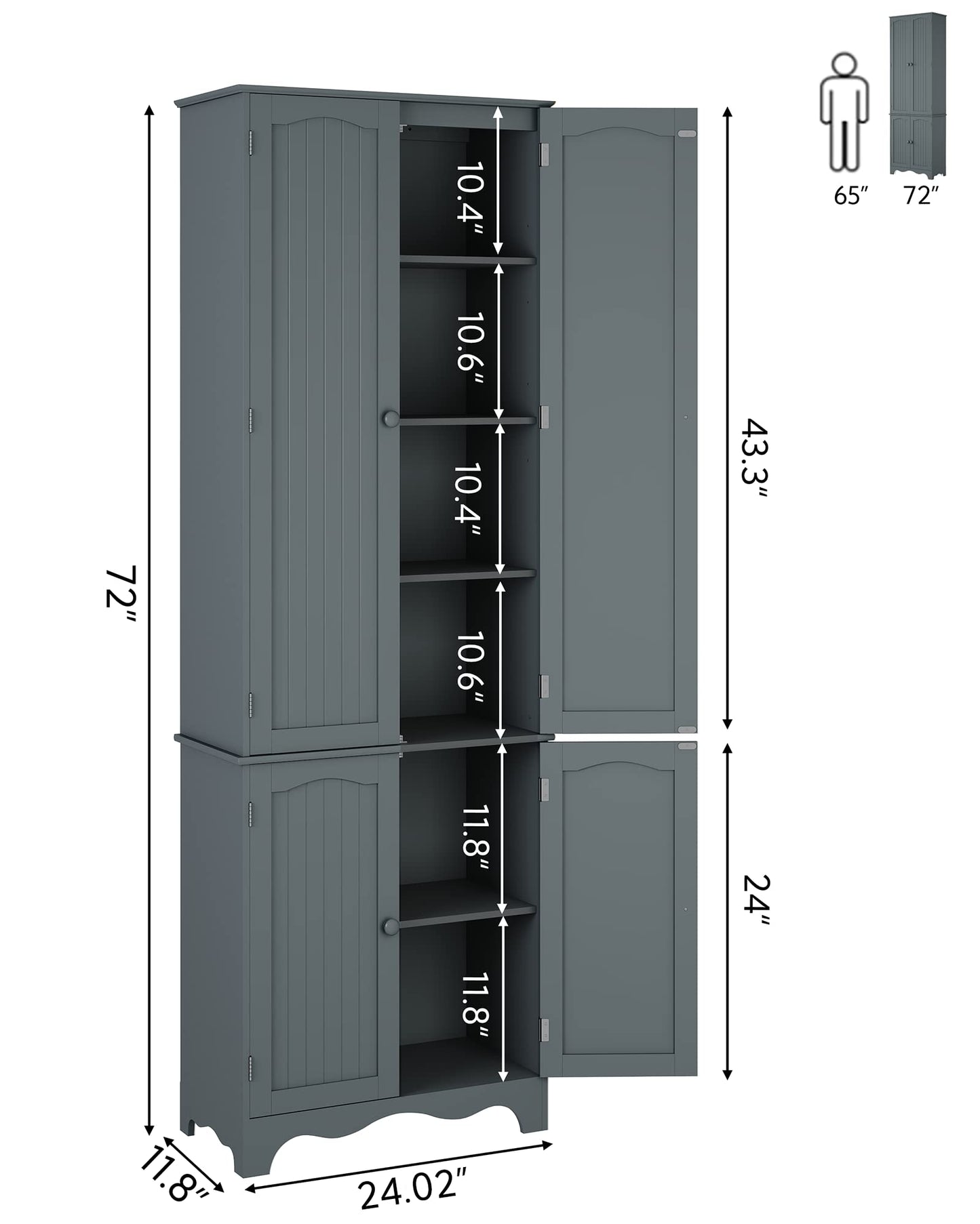 Yusong 72'' Tall Kitchen Pantry Cabinet, Freestanding Storage Cabinet with Doors and Shelves, Wooden Food Pantry Farmhouse Cupboard Buffet for Kitchen Dining Living Room, Gray - WoodArtSupply