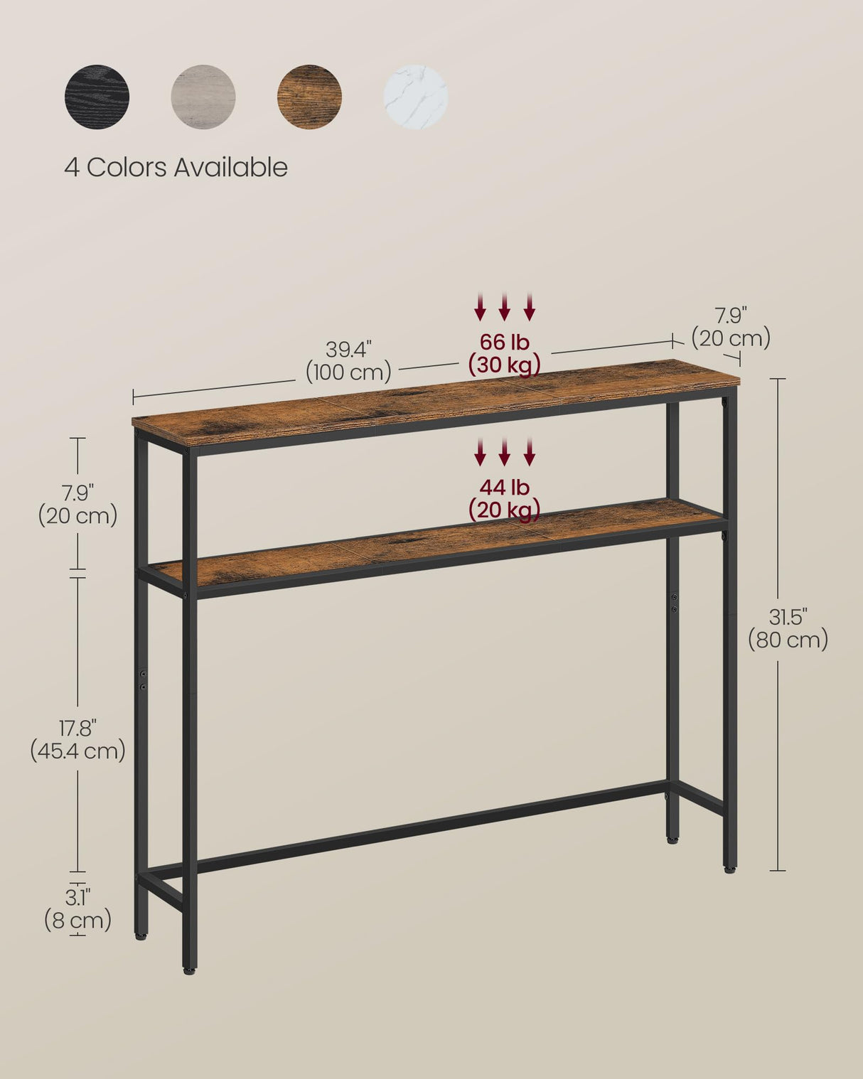VASAGLE Console Table, 2-Tier Sofa Table, 7.9 x 39.4 x 31.5 Inches, Narrow Entryway Table, Modern Entry Table with 2 Shelves, for Living Room, Bedroom, Rustic Brown and Ink Black ULNT131K01 VASAGLE