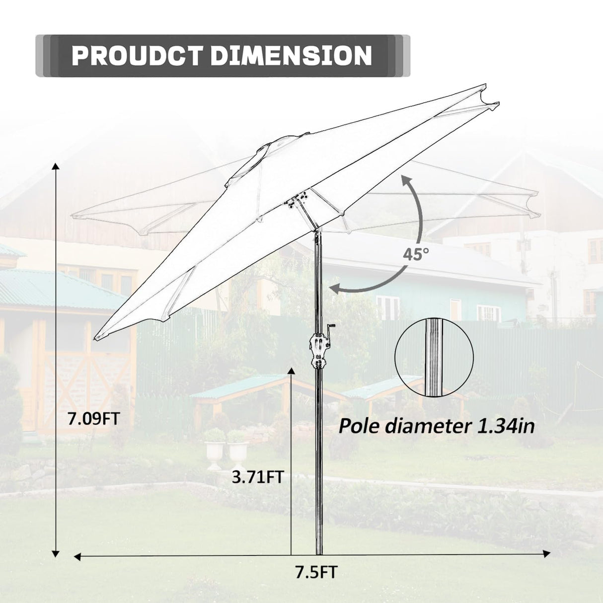 GDY 7.5FT Patio Umbrella Outdoor Table Umbrella,Market Umbrella with Push Button Tilt and Crank for Garden, Lawn, Deck, Backyard & Pool (Beige) GDY