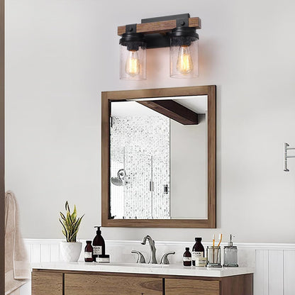 2-Light Farmhouse Vanity Lights for Bathroom, Rustic Bathroom Light Fixtures with Pretty Glass Shade, Black Industrial Wood Grain Wall Sconce for Bathroom Hallway Bedroom - WoodArtSupply