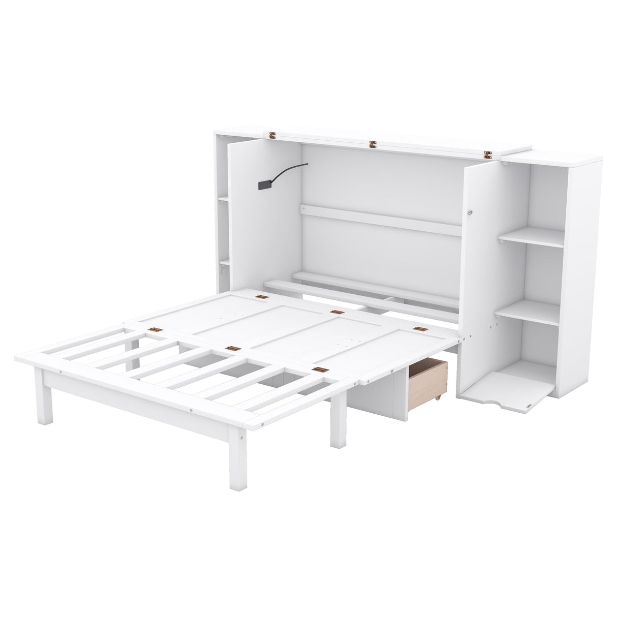 Ball & Cast Full Size Murphy Bed,Cabinet Hideaway with Shelves and Drawers,Wood Wall Bed can be Folded w/USB Ports,Easy Assembly,Platform Bedframe for Kids Bedroom,Student Dorms,White Ball & Cast