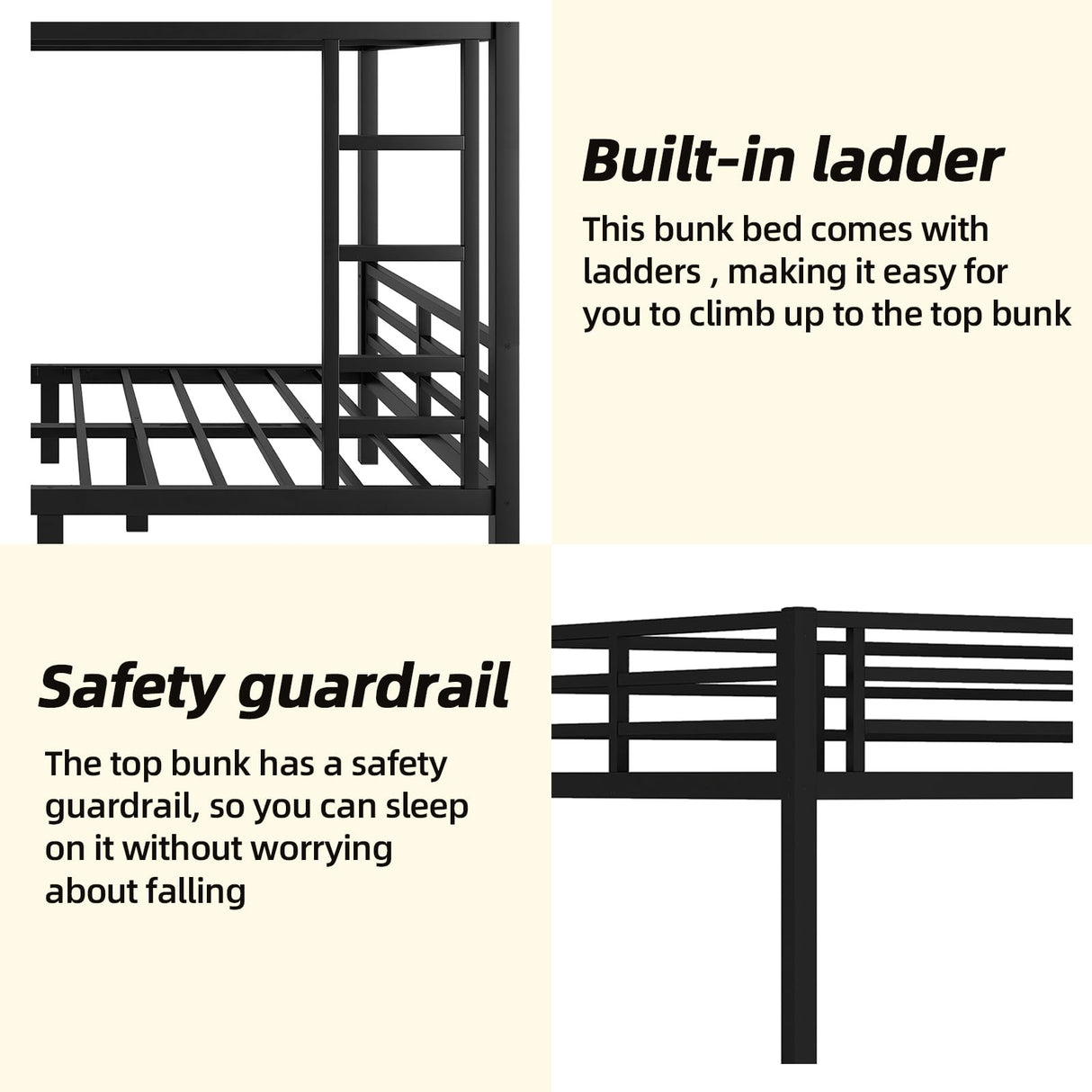 HKOLIE Full Over Full Bunk Bed, Metal Bunk Bed Frame Heavy Duty Bunk Beds Loft Bed Frame with Ladder and Guardrail Metal Slats No Box Spring Required for Adults Teens, Black HKOLIE