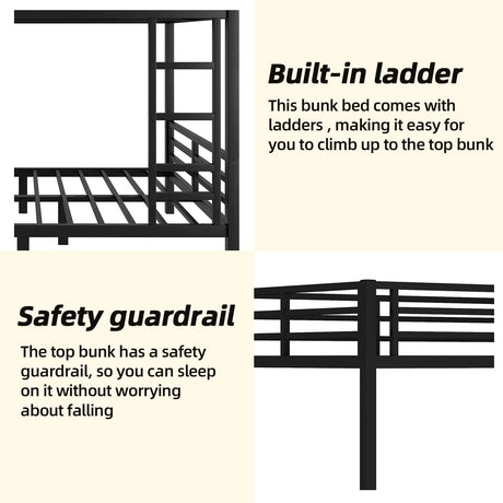 HKOLIE Full Over Full Bunk Bed, Metal Bunk Bed Frame Heavy Duty Bunk Beds Loft Bed Frame with Ladder and Guardrail Metal Slats No Box Spring Required for Adults Teens, Black HKOLIE