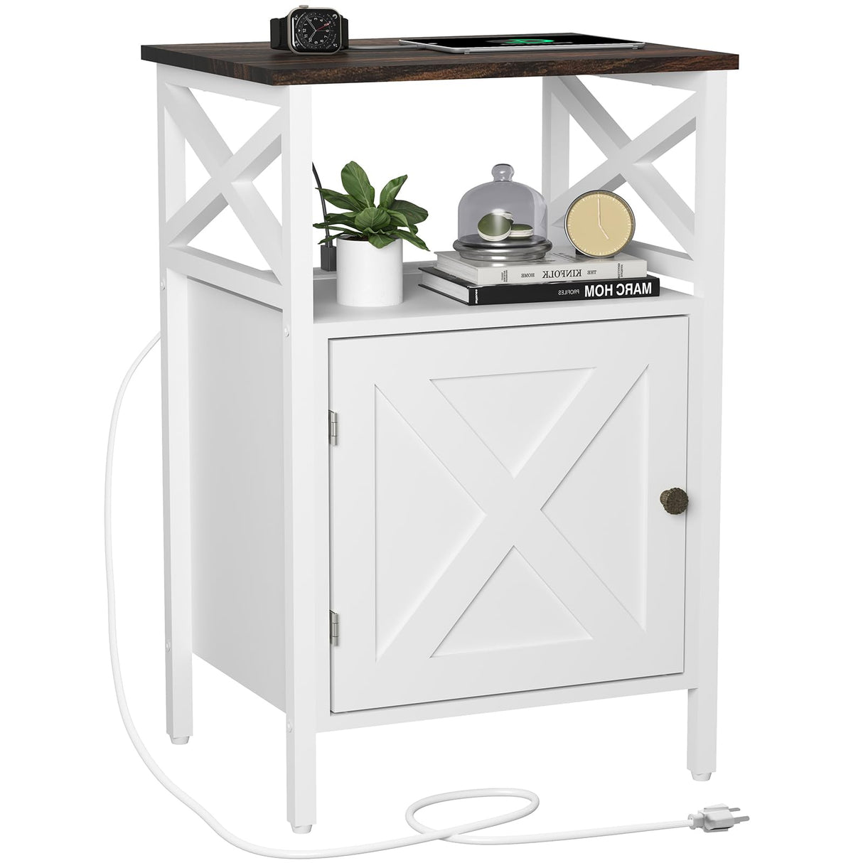 FFBCFDK End Table with Charging Station, Side Table with Power Outlet & USB Ports, Nightstand with 2 Tiers Storage Space and Storage Cabinet, Sofa Side Tables for Bedroom, Living Room,Office, White FFBCFDK