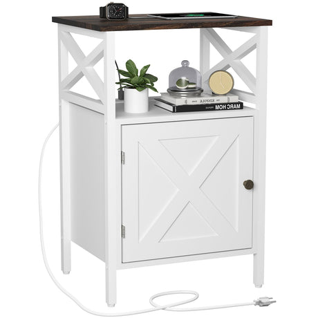 FFBCFDK End Table with Charging Station, Side Table with Power Outlet & USB Ports, Nightstand with 2 Tiers Storage Space and Storage Cabinet, Sofa Side Tables for Bedroom, Living Room,Office, White FFBCFDK