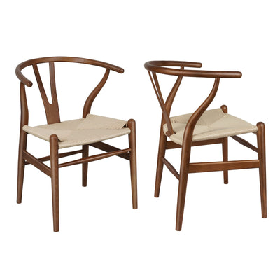 Polynices Wishbone Chair, Weave Solid Wood Mid-Century Modern Y Shaped Backrest Dining Chair (Walnut Set of 2)
