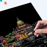 Scratch Art Painting Kits for Adults & Kids, Rainbow Painting Sketch Night View Scratchboard(A4), Crafts Set: 8 Sheets Scratch Cards with 6 tools in Bag - Creative Craft Art Set (Landmark Building) ASDICOXB