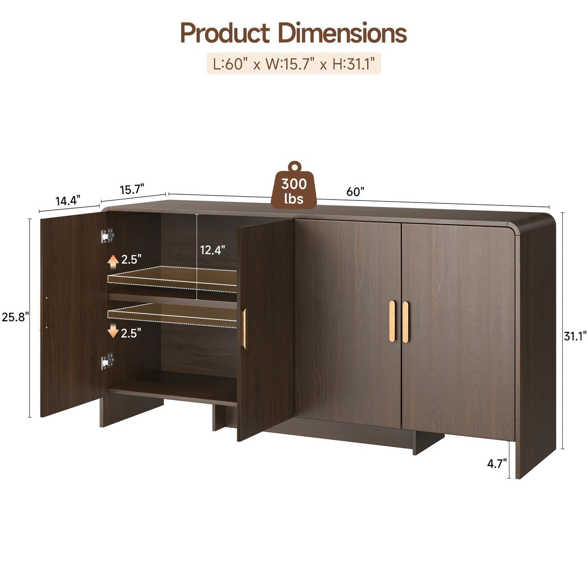 ONBRILL 60" Sideboard Buffet Cabinet with Storage, Curved Design Farmhouse Coffee Bar Cabinet with 4 Doors & Adjustable Shelves for Living Room, Kitchen, Hallway, Walnut ONBRILL