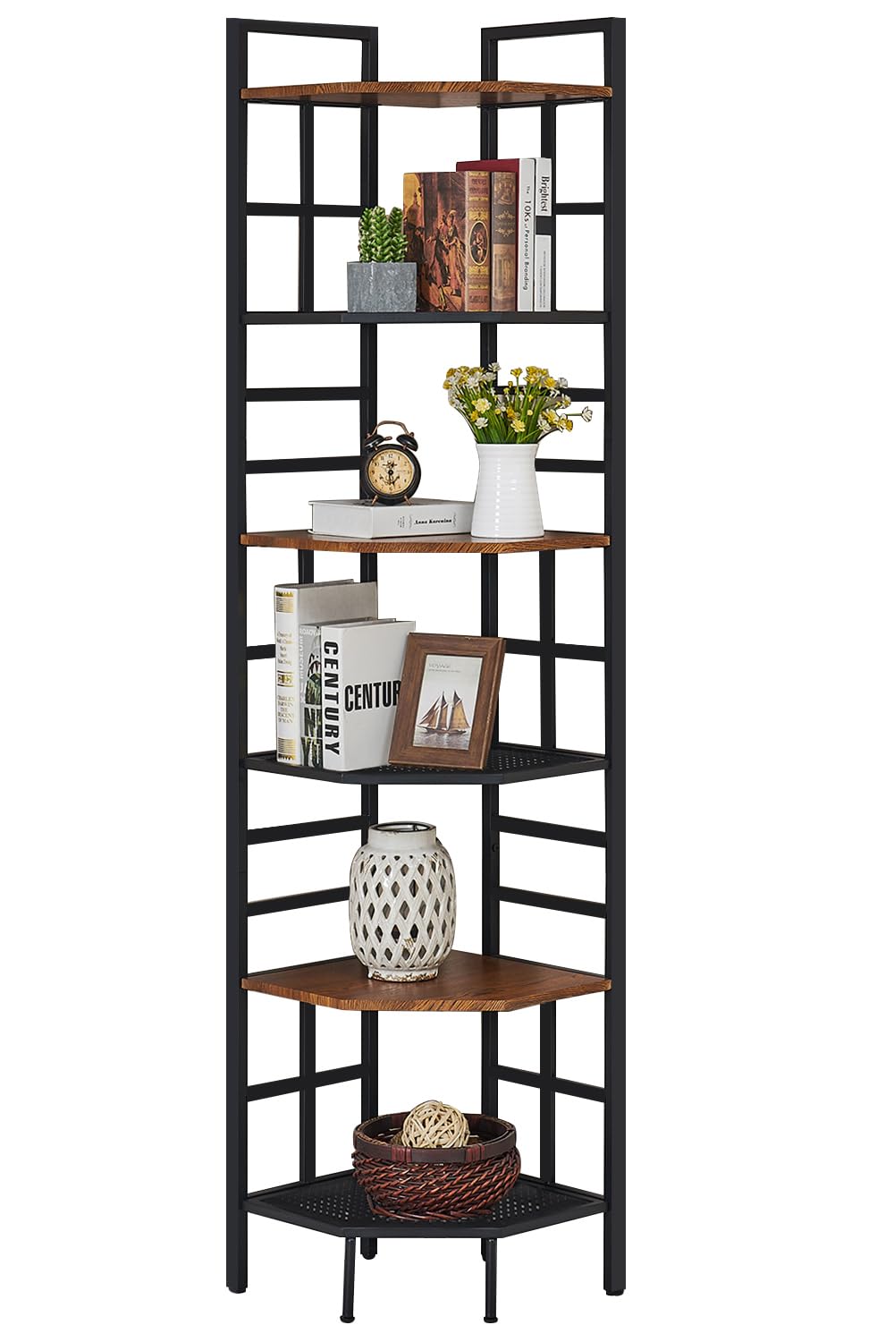 HOMISSUE 6-Tier Industrial Corner Shelf - Stylish Brown Bookshelf with Metal Frame and MDF Board for Home and Office Storage - WoodArtSupply