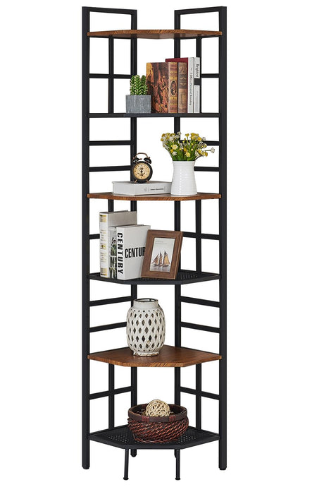 HOMISSUE 6-Tier Industrial Corner Shelf - Stylish Brown Bookshelf with Metal Frame and MDF Board for Home and Office Storage HOMISSUE