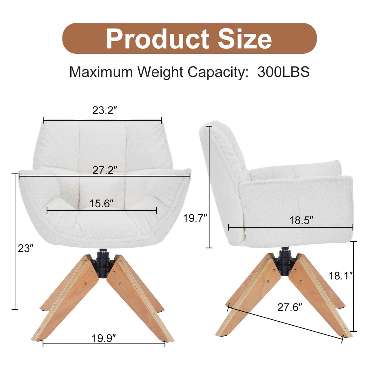 SOERGO Mid Century Accent Chair, Lambs Wool Vanity Chair Modern Cozy Desk Chair no Wheels with Amrest, Wood Legs for Living Room, Reading Room, Bedroom, White SOERGO