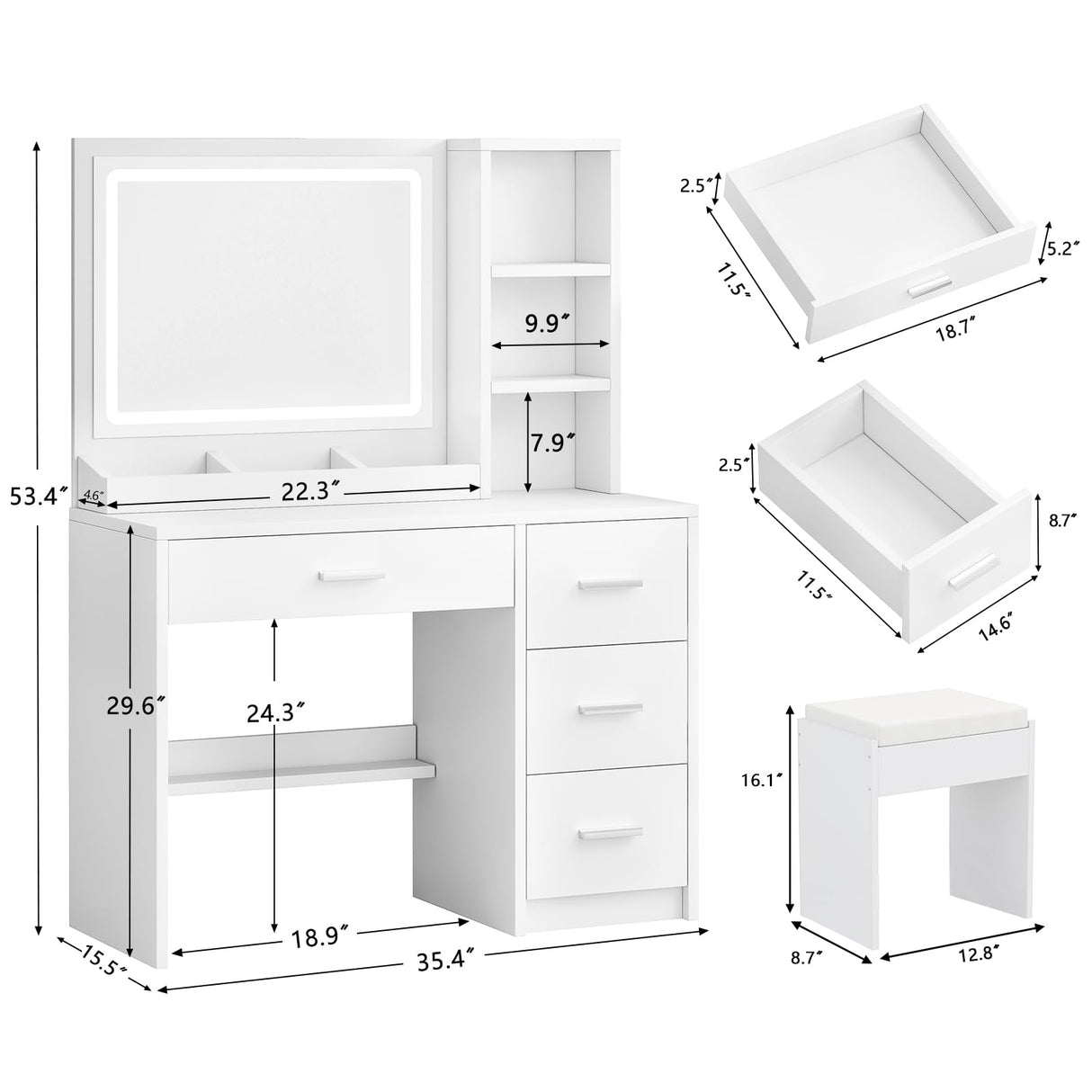OTOQS Vanity Desk with Mirror and Lights, 4 Drawers & Benches Vanity Desk Set, 3 Color Lighting Modes Adjustable Brightness Vanity for Bedroom Makeup Table OTOQS