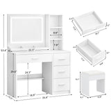 OTOQS Vanity Desk with Mirror and Lights, 4 Drawers & Benches Vanity Desk Set, 3 Color Lighting Modes Adjustable Brightness Vanity for Bedroom Makeup Table OTOQS