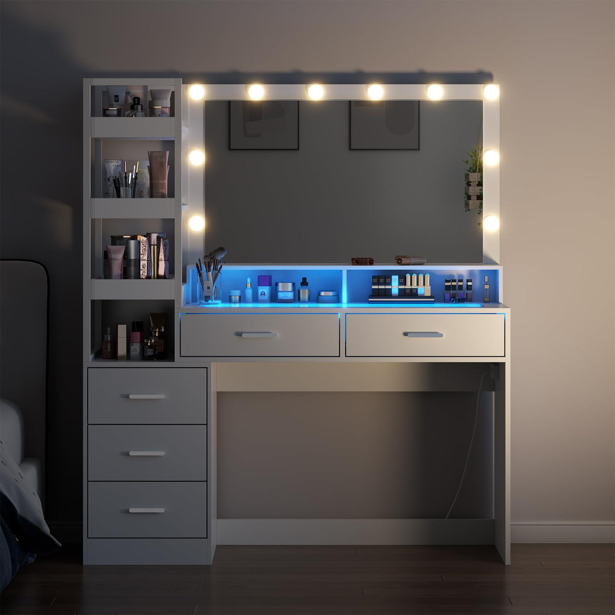 Gyfimoie White Vanity Desk with Mirror and Lights, 8 Drawer Makeup Vanity Table with Glass Top, Power Outlets and RGB Lights, Women & Girls Dressing Table with Lighted Mirror（Stool Not Included） Gyfimoie