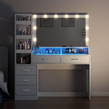 Gyfimoie White Vanity Desk with Mirror and Lights, 8 Drawer Makeup Vanity Table with Glass Top, Power Outlets and RGB Lights, Women & Girls Dressing Table with Lighted Mirror（Stool Not Included） Gyfimoie