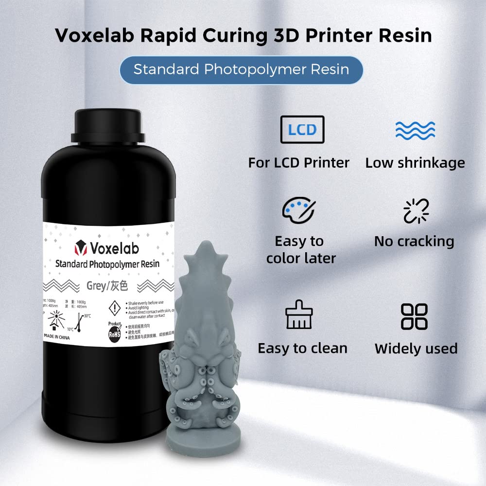 VOXELAB 3D Printer Resin, Rapid Resin LCD UV-Curing Resin 405nm Standard Photopolymer Resin for LCD 3D Printing, High Precision & Quick Curing & Excellent Fluidity - 1000g (Grey)