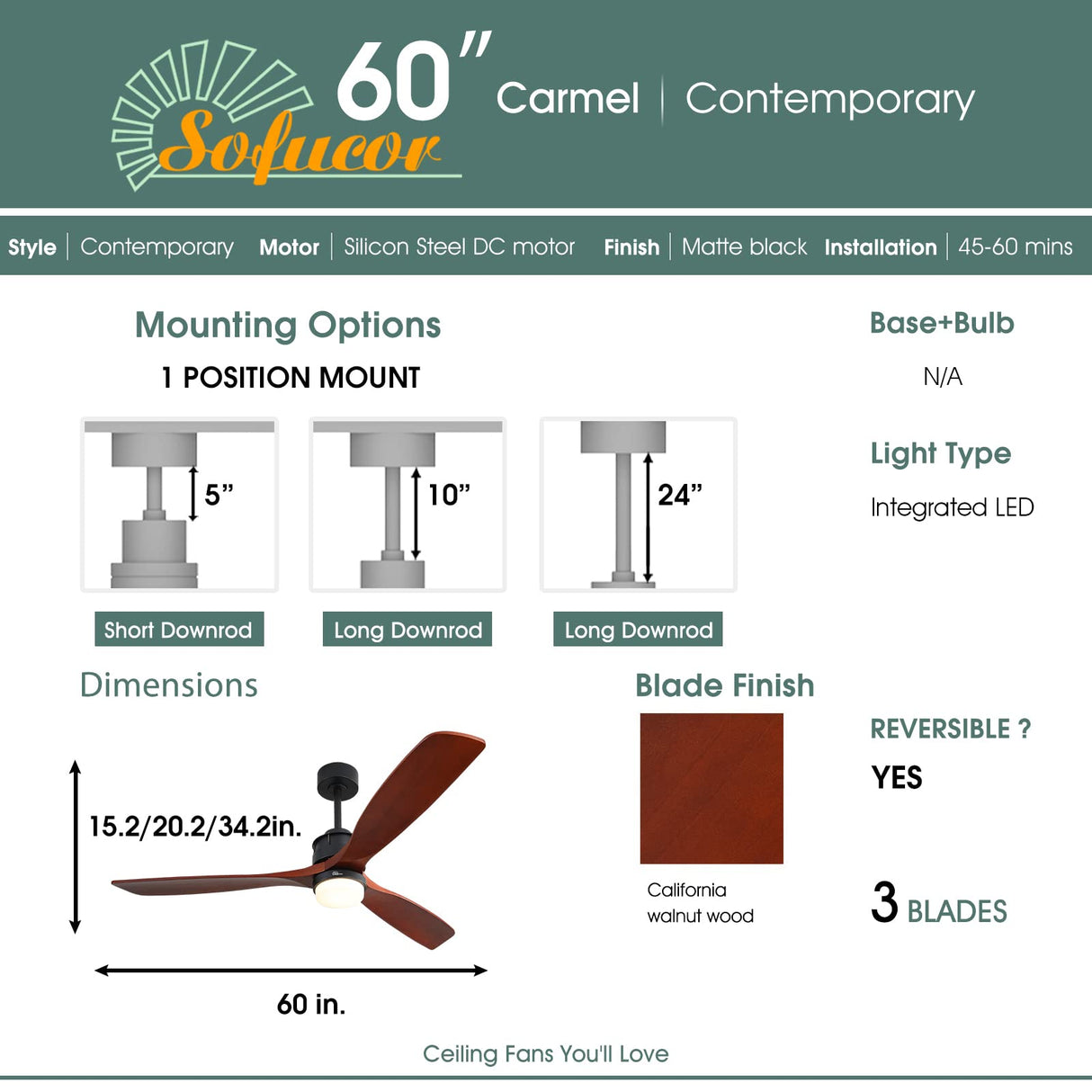 Sofucor 60" Delta-Wing Modern Outdoor Ceiling Fan, with Light LED Remote Solid Wood Oil Rubbed Bronze, for Living Room Kitchen Bedroom Family Dining Noiseless Sofucor