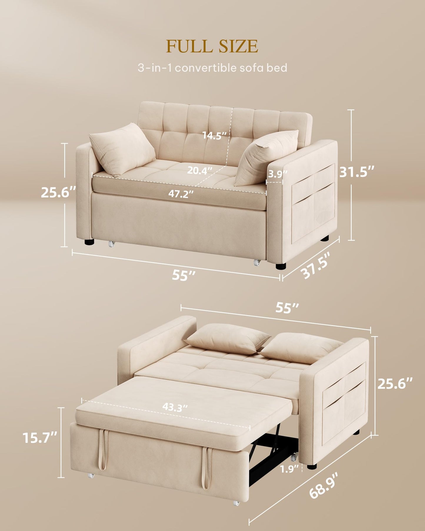 YITAHOME 55" Convertible Sofa Bed, Velvet Sleeper Sofa with Pull-Out Bed, 3-in-1 Futon Couch with Reclining Backrest and Side Pocket, Modern Loveseat for Living Room, Beige, Full Size