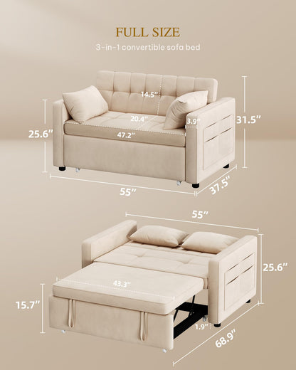 YITAHOME 55" Convertible Sofa Bed, Velvet Sleeper Sofa with Pull-Out Bed, 3-in-1 Futon Couch with Reclining Backrest and Side Pocket, Modern Loveseat for Living Room, Beige, Full Size