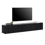 FITUEYES Large Floating TV Shelf Wood Media Entertainment Center,Wall Mounted Shelf with 3 Fluted Doors for TVs up to 80",Floating Storage Cabinet Under TV for Living Room, Bedroom,Black FITUEYES