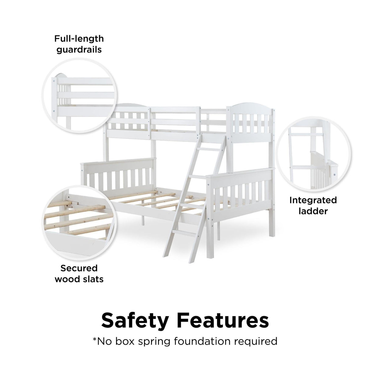 DHP Airlie Twin over Full Bunk Bed, White, Wood Construction, Converts to Twin/Full, 4-Step Ladder, Guard Rails DHP