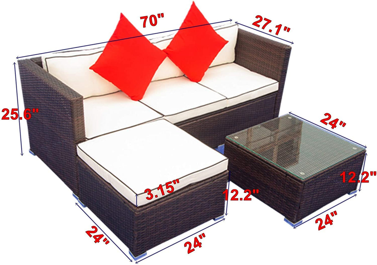 GAOPAN 3 Piece Outdoor Patio Conversation Sectional Couches Furniture Set, Rattan Wicker Garden Corner Sofas with Tempered Glass Top Coffee Table and Removable Soft Cushion, Beige+Brown GAOPAN