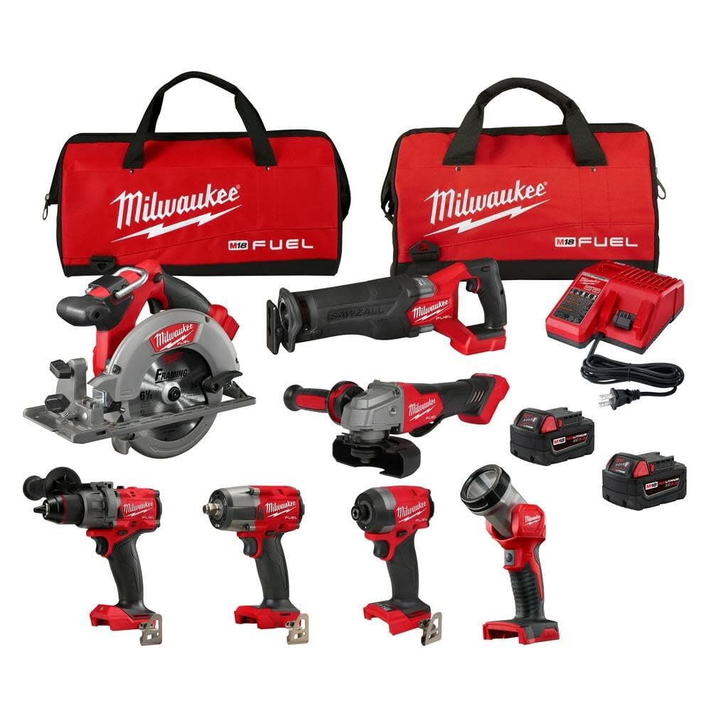 Milwaukee M18 FUEL 18V Lithium-Ion Brushless Cordless Combo Kit with Two 5.0 Ah Batteries, 1 Charger, 2 Tool Bags (7-Tool) - WoodArtSupply