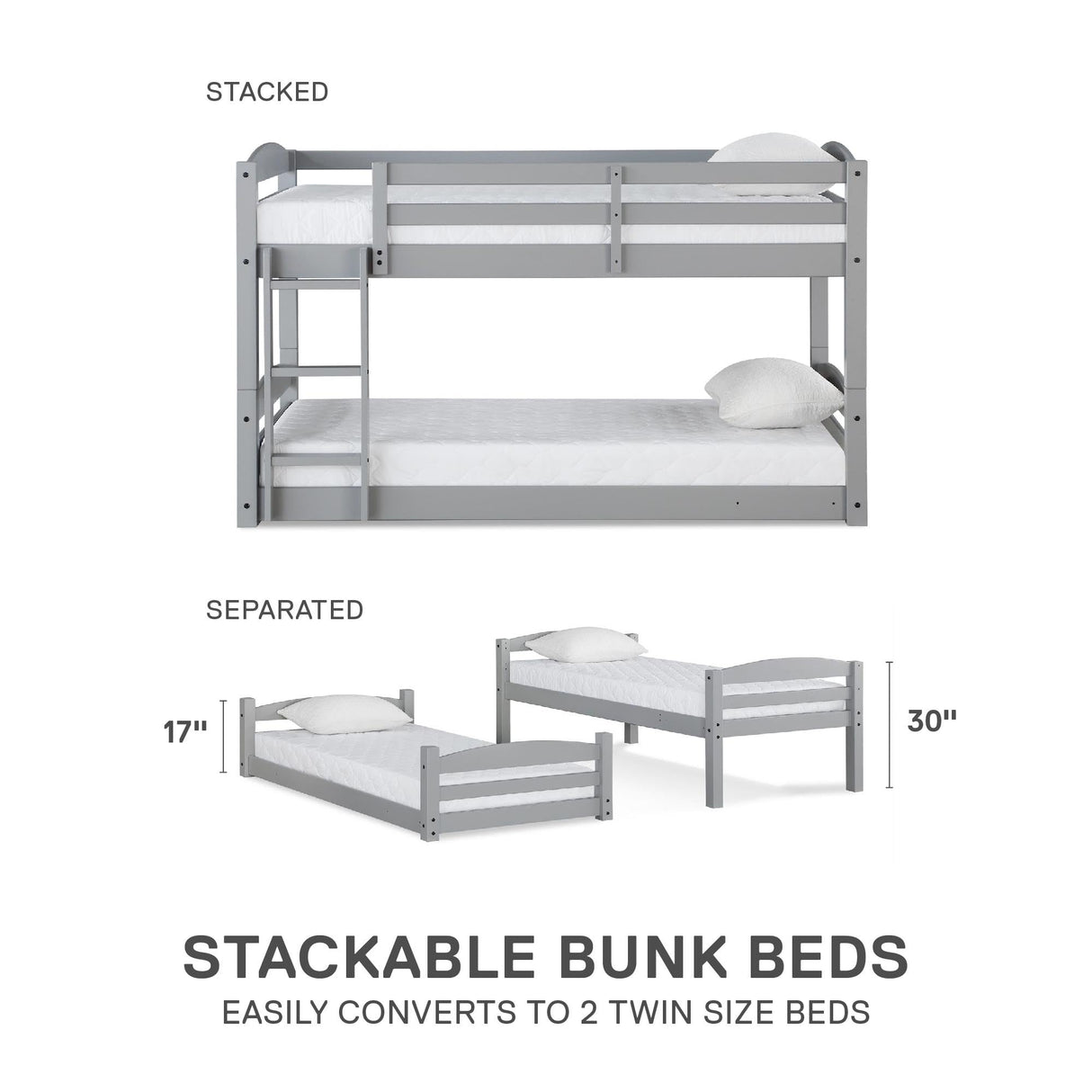 DHP Phoenix Convertible Low Wood Floor Bunk Bed, Stackable and Detachable Bed Frames for Kids, Solid Wood, with Ladder, High Guardrail, Wood Slats, No Boxspring Required, Twin-Over-Twin, Gray DHP