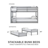 DHP Phoenix Convertible Low Wood Floor Bunk Bed, Stackable and Detachable Bed Frames for Kids, Solid Wood, with Ladder, High Guardrail, Wood Slats, No Boxspring Required, Twin-Over-Twin, Gray DHP