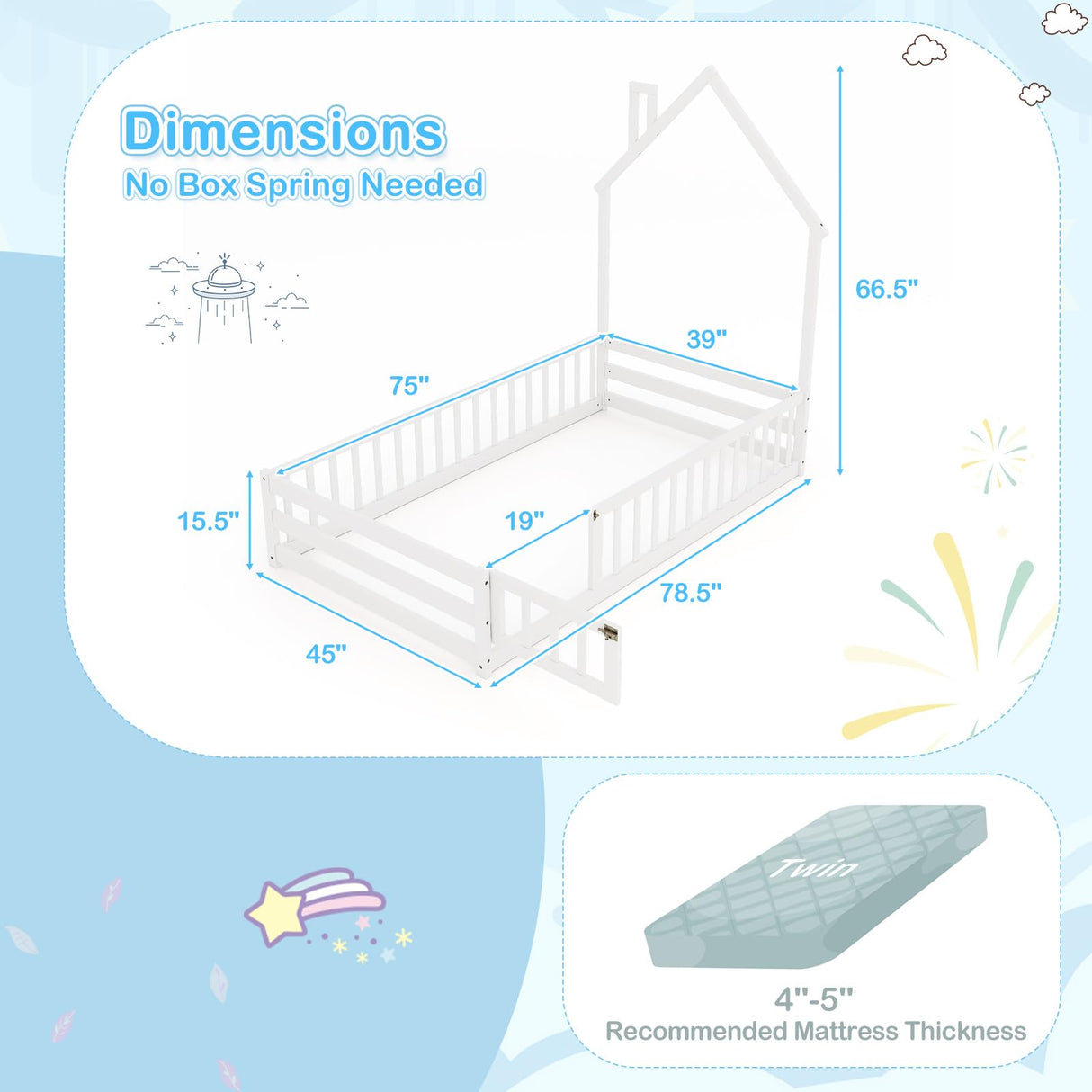 GORELAX Twin Floor Bed, Montessori House Bed, Floor Kid House Bed Frame with Fence, No Box Spring Needed, Wood Twin Size Platform Bed Frame for Boys, Girls (White) GORELAX
