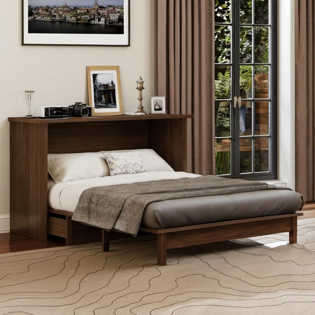 PVWIIK Queen Size Multi-Functional Bed Frame with Drawer and USB for Girls/Boys,Home Office, Studio,Bedroom,Cabinet Murphy Bed w/Plank Support,No Box Spring Needed, Walnut PVWIIK