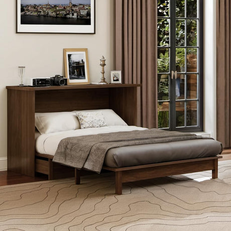 PVWIIK Queen Size Multi-Functional Bed Frame with Drawer and USB for Girls/Boys,Home Office, Studio,Bedroom,Cabinet Murphy Bed w/Plank Support,No Box Spring Needed, Walnut PVWIIK